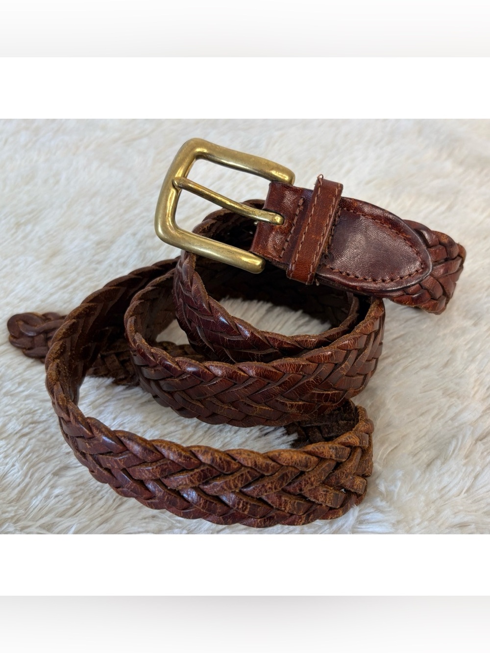 Vintage Braided Leather Belt with Brass Buckle~XL